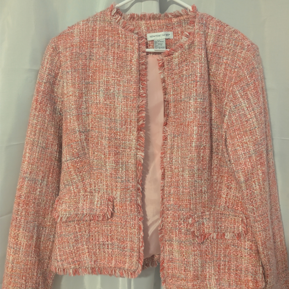 Newport News Pink Tweed Jacket Frayed Trim Chanel Style Blazer Size 12